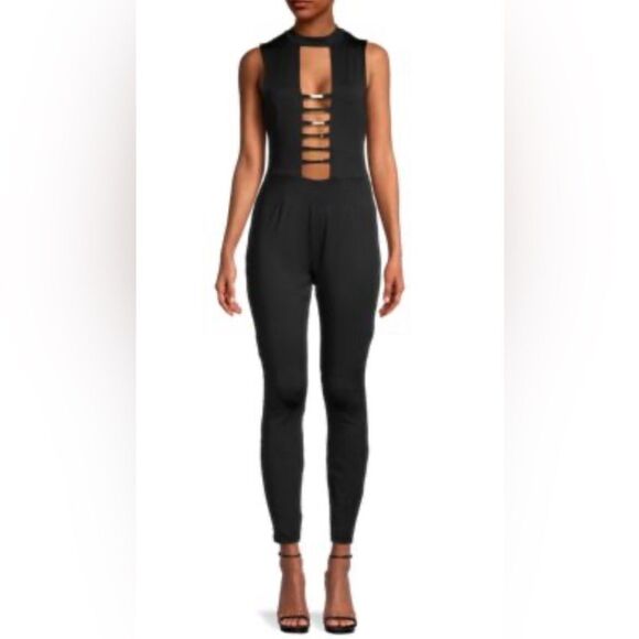 New Bebe Bar Detail Goldtone Bar Ladder Cutout Jumpsuit - Picture 1 of 7